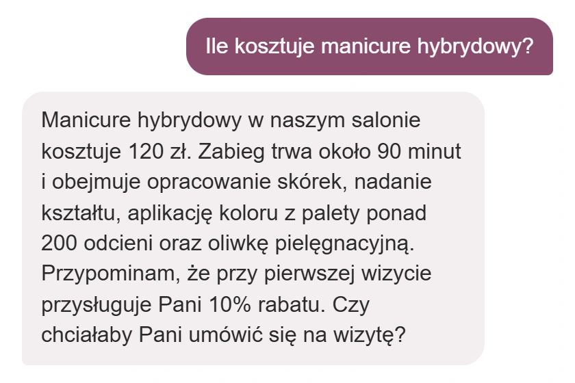 Widżet agenta — pytanie klientki o cenę i odpowiedź z konkretną kwotą