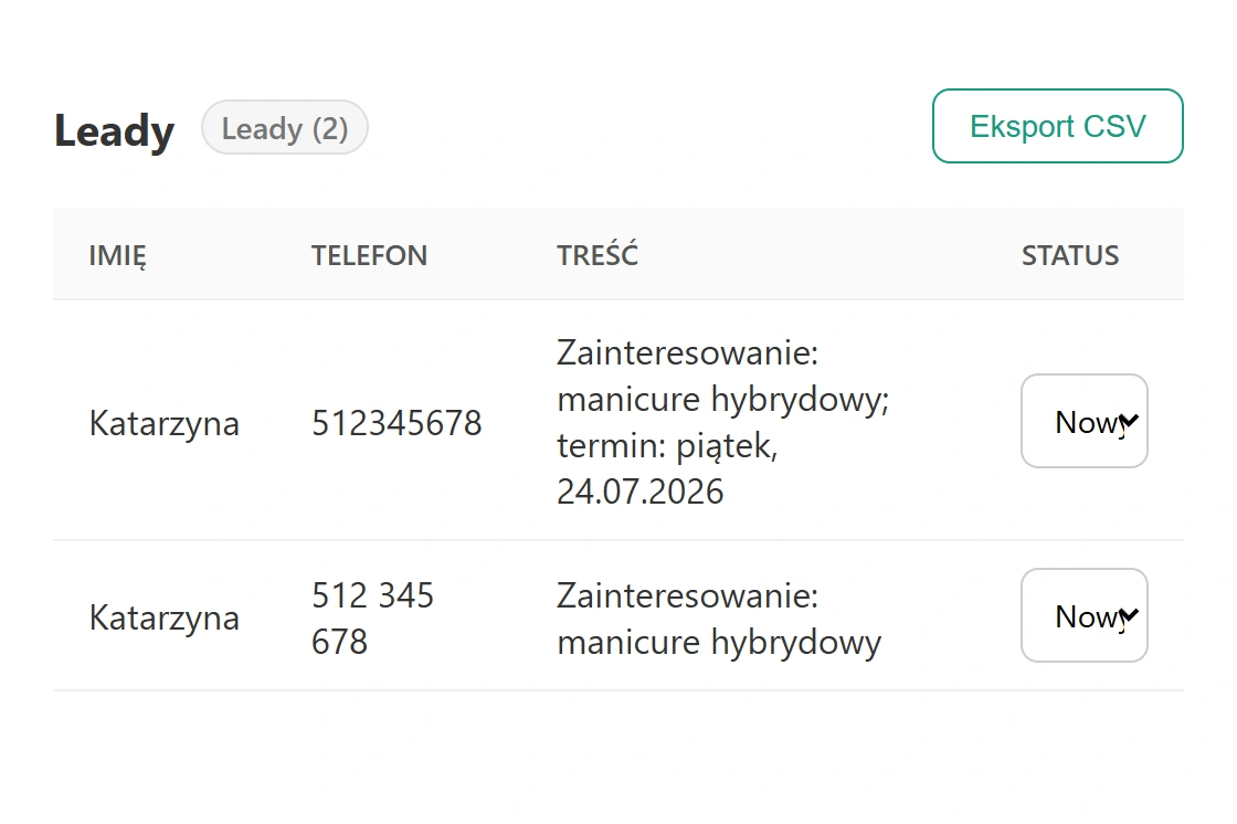 Panel — nowe zapytanie z numerem telefonu i tematem